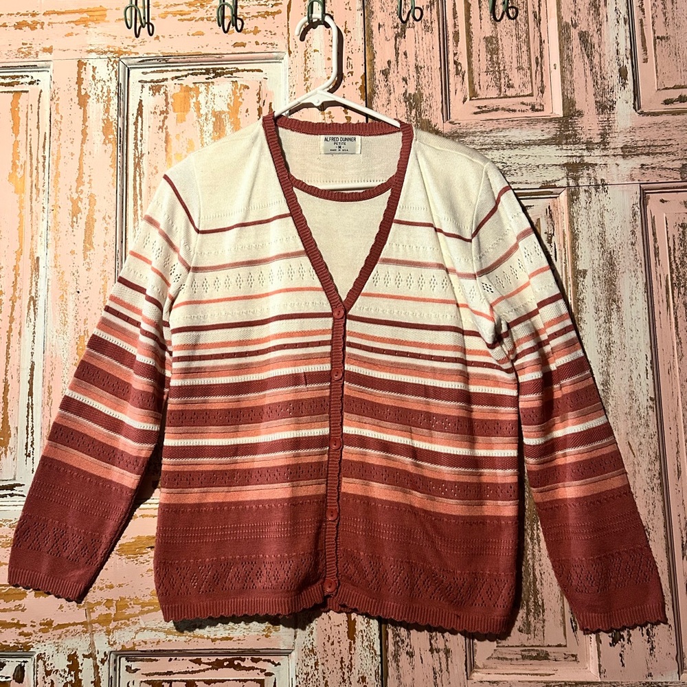 Alfred Dunner Cream and Rust Striped Cardigan